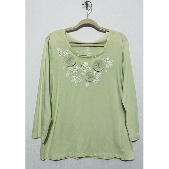 Izod Womens Chiffon Applique Flower Top Green Sequins Scoop Neck Boho XL - Picture 1 of 5
